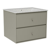 Gray two-drawer vanity with a speckled white countertop, adding a modern, textured touch to any bathroom decor.