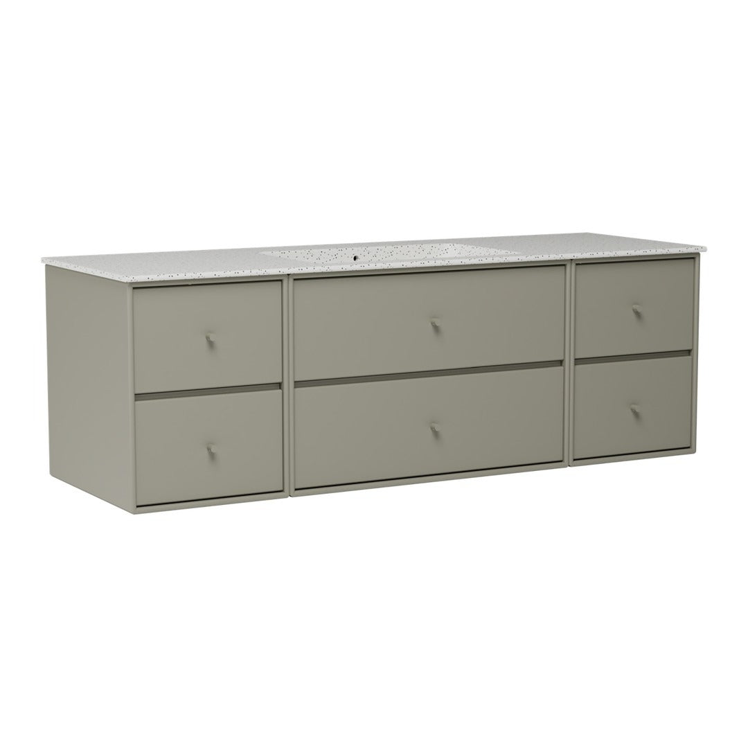 Light grey storage unit with six minimalist drawers and sleek handles, perfect for modern decor.