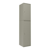 Tall, two-door storage cabinet in a sleek, neutral gray finish, featuring a smooth, matte surface.