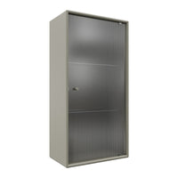 Light gray cabinet with a smooth, minimalist design and vertical ribbed pattern on the door.