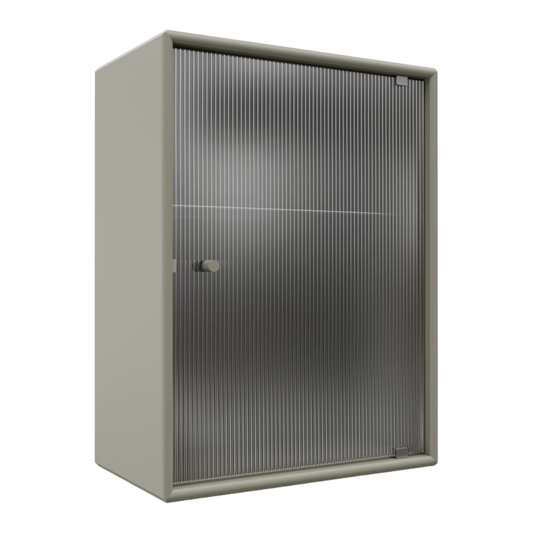 Gray cabinet with vertical ribbed pattern and smooth finish, featuring a subtle metallic sheen.