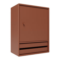 Rust brown storage cabinet with a smooth finish and minimalist design, featuring a single drawer and a door.