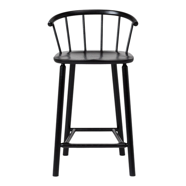Black wooden bar stool with a curved backrest and slatted design, showcasing a sleek, minimalist aesthetic.