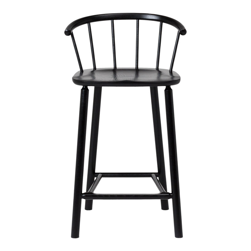 Black wooden bar stool with a curved backrest and slatted design, showcasing a sleek, minimalist aesthetic.