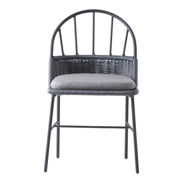Black metal chair with a curved back, featuring a woven pattern and a light gray cushioned seat.