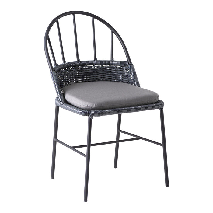 Black rattan chair with a round back and a gray cushion, featuring a modern design suitable for indoor or outdoor use.