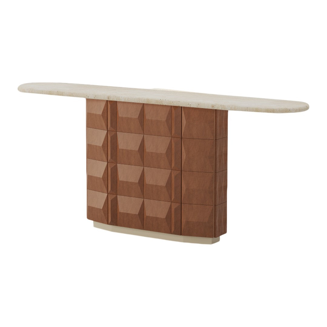 Brown geometric-patterned console table with a cream-colored top, featuring a textured design. Perfect for modern decor.