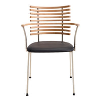 Modern chair with brown wooden slats, a sleek black seat, and metallic silver legs. Stylish and contemporary design.