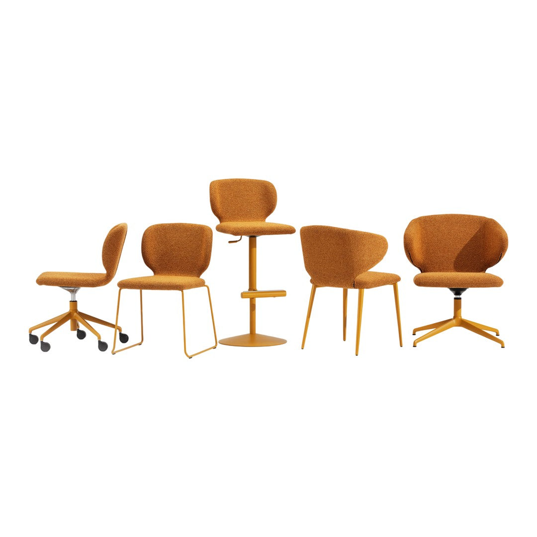 Set of five cozy chairs in warm amber fabric with smooth, rounded patterns and sleek metal bases. Perfect for any space.