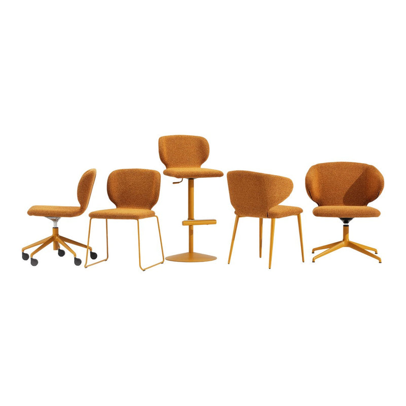 Set of five cozy chairs in warm amber fabric with smooth, rounded patterns and sleek metal bases. Perfect for any space.