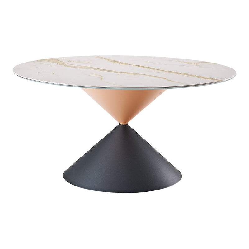 Round coffee table with a white marble top featuring gold veining, pink cone-shaped base, and black conical pedestal.