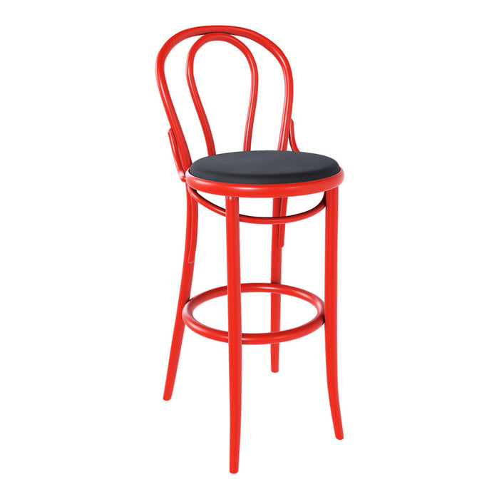 Red bar stool with curved back and black cushioned seat, featuring a sleek, modern design.