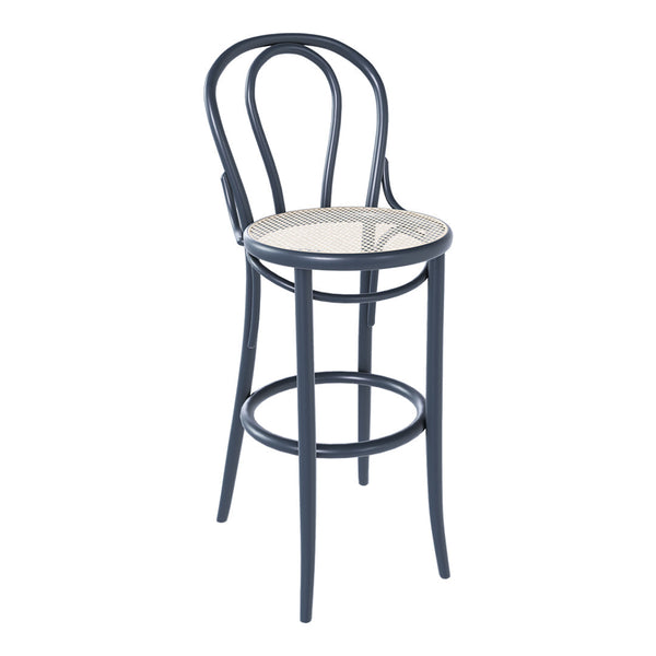 Elegant navy blue bar stool with a round, light beige wicker seat and classic bentwood design. Ideal for modern decor.