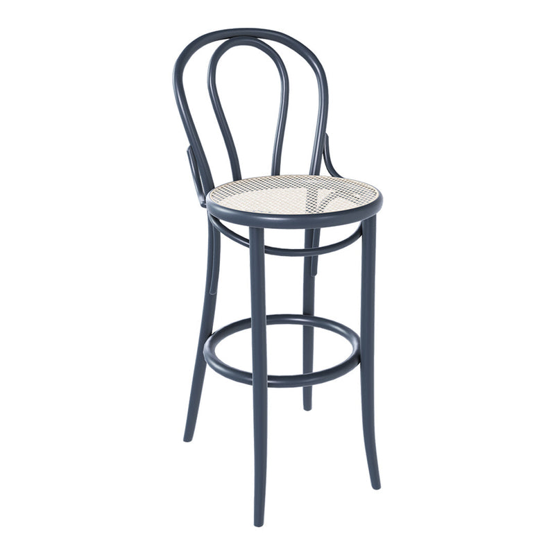 Elegant navy blue bar stool with a round, light beige wicker seat and classic bentwood design. Ideal for modern decor.