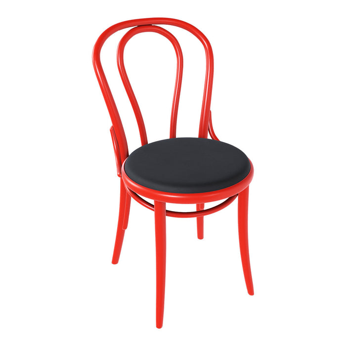 Red bentwood chair with a sleek black cushion, featuring a classic curved design. Ideal for modern decor.