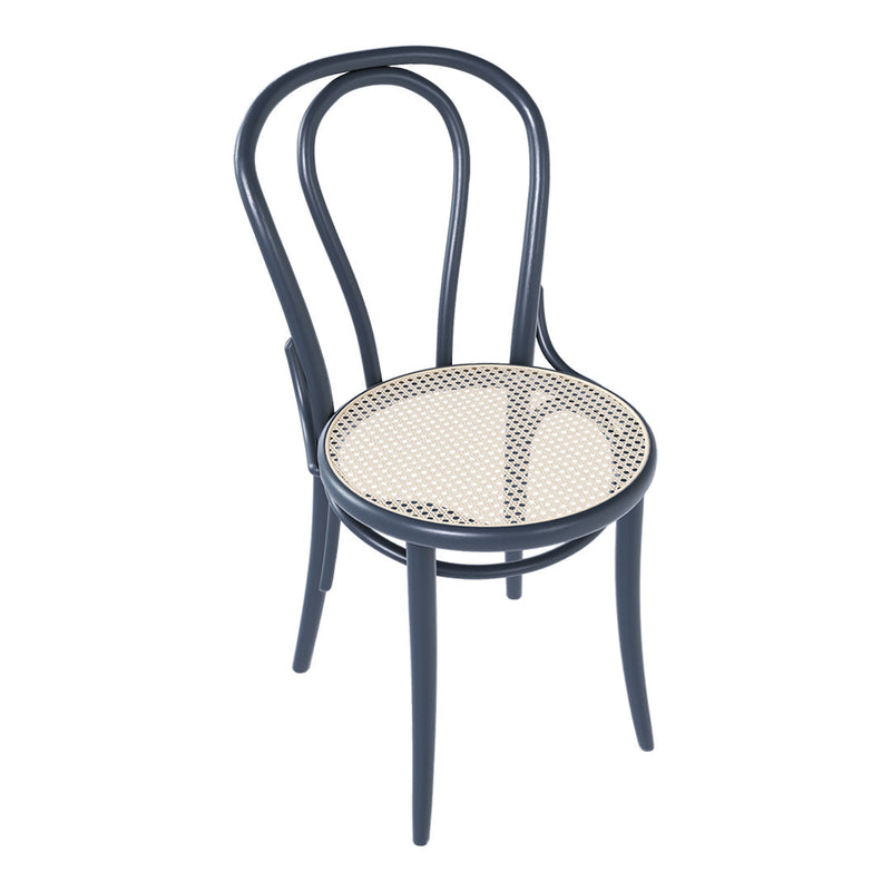 Navy blue chair with a woven rattan seat, showcasing a classic design and elegant patterns.