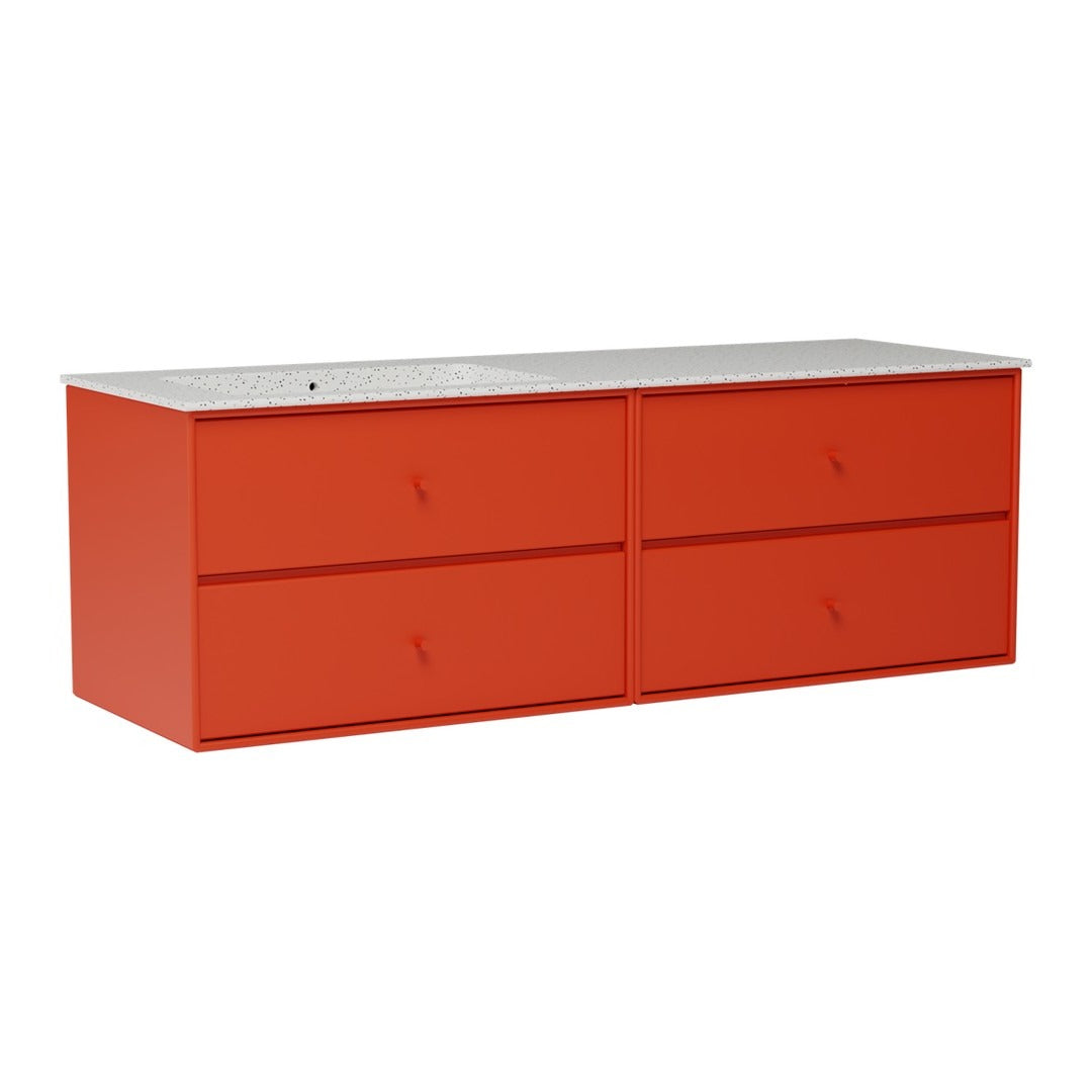 Modern orange dresser with a sleek white top and four spacious drawers. Vibrant color adds a bold touch to any room.