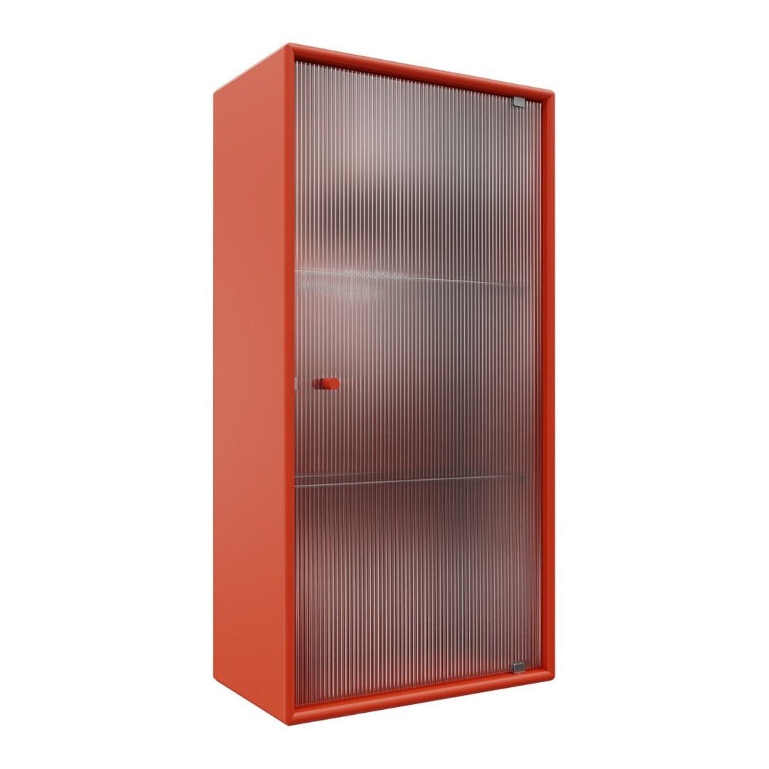 Vibrant orange storage cabinet with sleek, transparent vertical paneling. Modern and stylish design for any space.