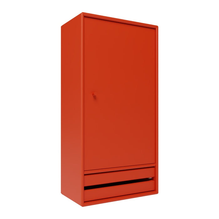Solid red cabinet with a smooth finish and sleek lines, featuring a minimalist design and single drawer.