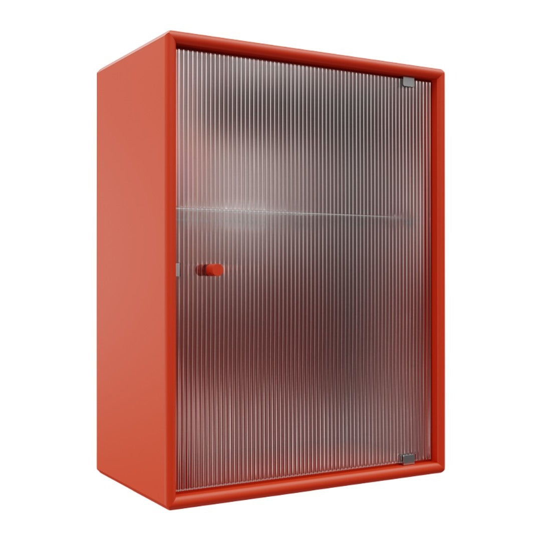 Red cabinet with a ribbed glass door, offering a modern and stylish design for any space.