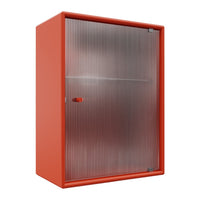 Red cabinet with a ribbed glass door, offering a modern and stylish design for any space.