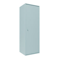 Light blue storage cabinet with a sleek, minimalistic design and a smooth, solid finish. Perfect for any modern space.