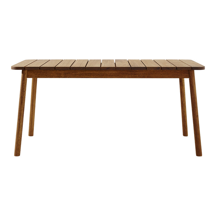 Brown wooden slatted table with a simple, natural finish and clean lines, perfect for outdoor or indoor dining.