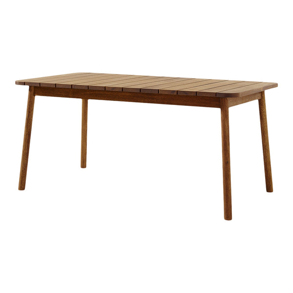 Brown wooden dining table with a slatted top and tapered legs, perfect for modern or rustic decor.