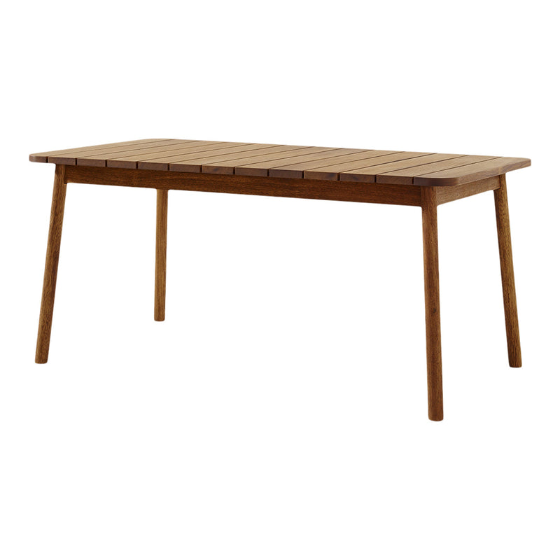 Brown wooden dining table with a slatted top and tapered legs, perfect for modern or rustic decor.