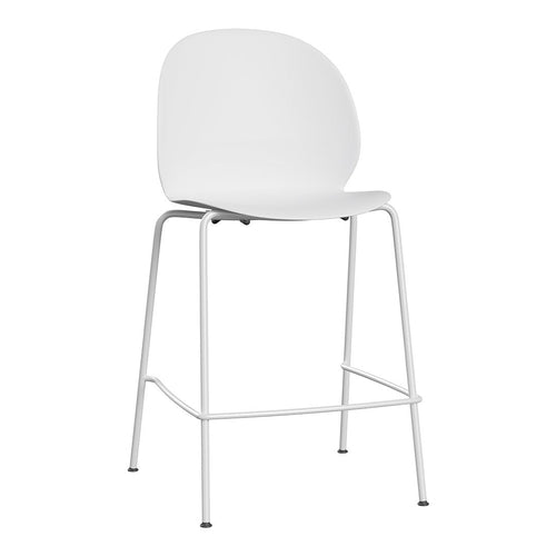 White modern bar stool with a sleek design and metal frame, perfect for contemporary home decor.