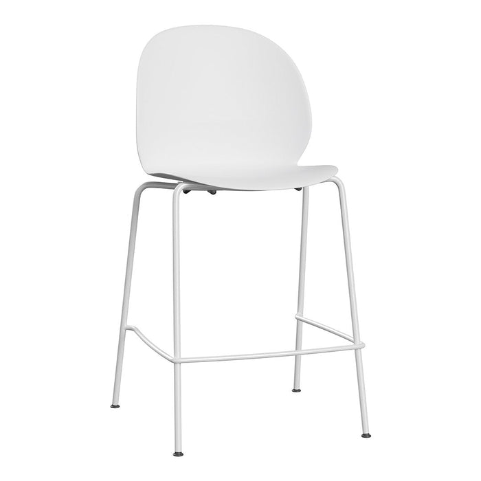 White modern bar stool with a sleek design and metal frame, perfect for contemporary home decor.
