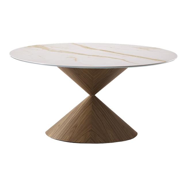 White round table with elegant gold veining, featuring a contrasting brown, textured wooden base in a conical design.