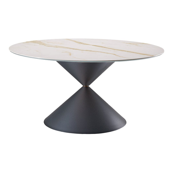 Round coffee table with a white surface featuring subtle gold veins and a sleek black cone base. Modern and stylish design.