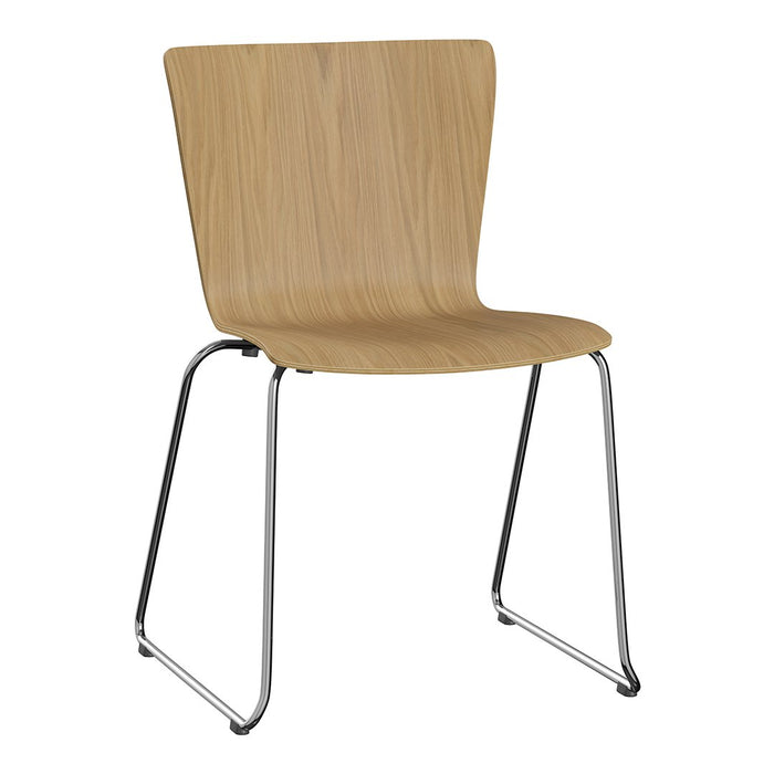 Natural wood chair with a smooth finish and chrome legs, featuring a minimalist design and light wood tones.