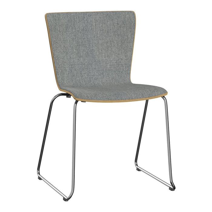 Gray fabric chair with a smooth wooden edge and sleek chrome legs, featuring a modern minimalist design.
