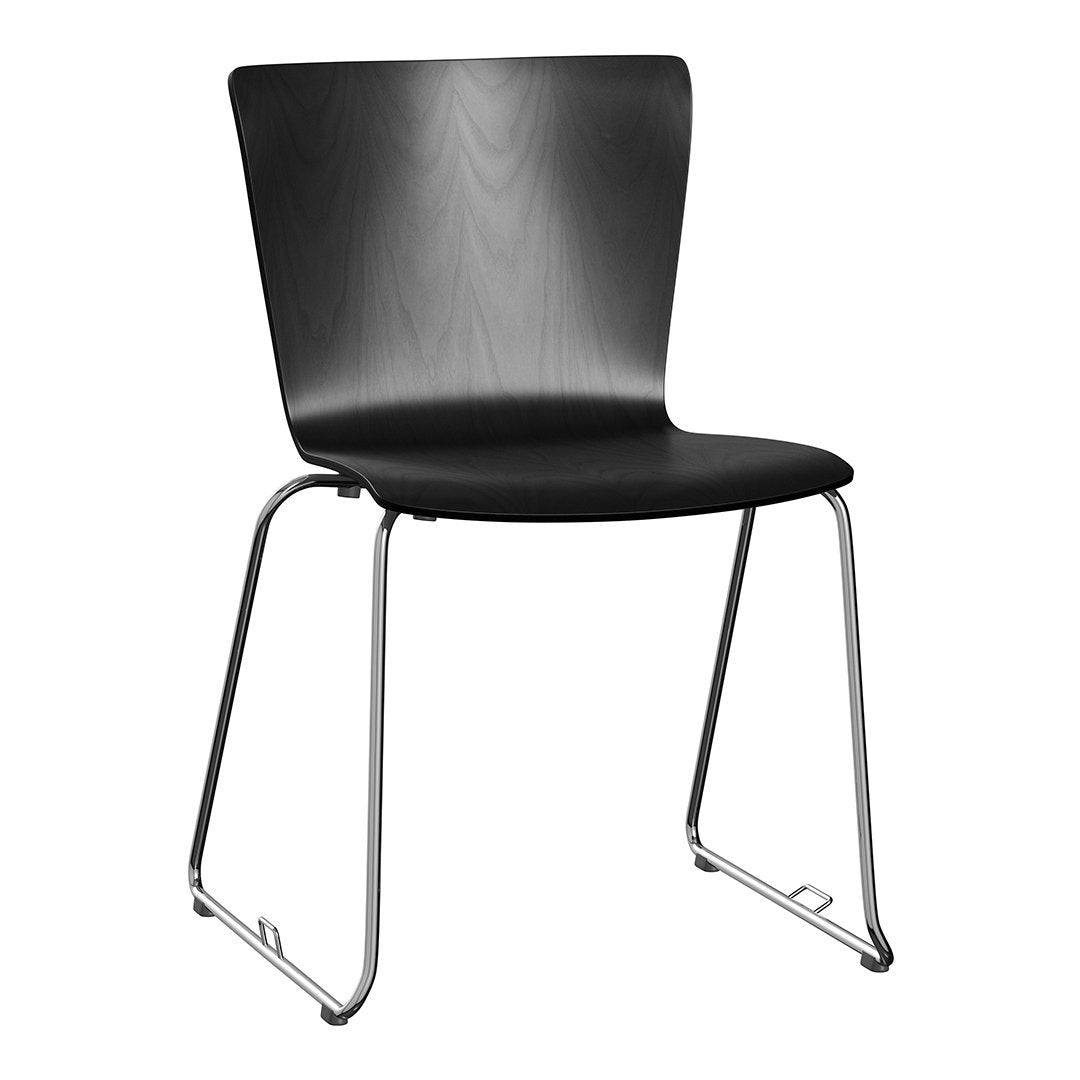 Sleek black chair with a smooth wooden finish and chrome legs, featuring a minimalist design and modern aesthetic.