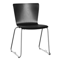 Sleek black chair with a smooth wooden finish and chrome legs, featuring a minimalist design and modern aesthetic.