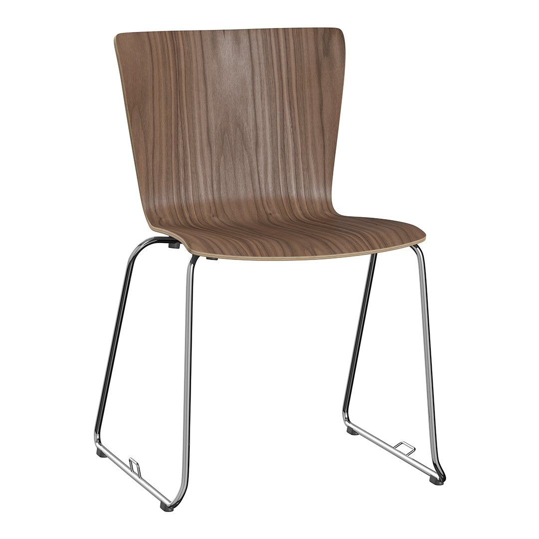Brown wood grain chair with sleek chrome legs, featuring a clean, modern design and simple lines. Perfect for any decor.
