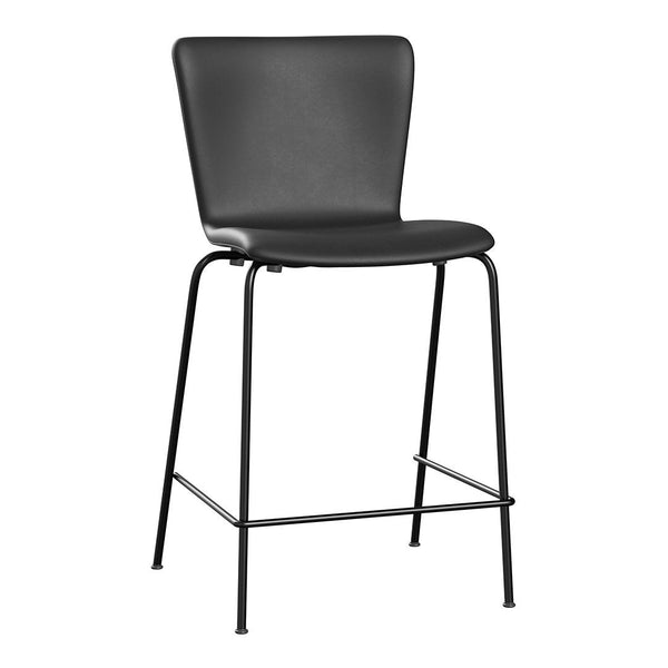 Black upholstered bar stool with a sleek metal frame and minimalist design. Perfect for modern spaces.