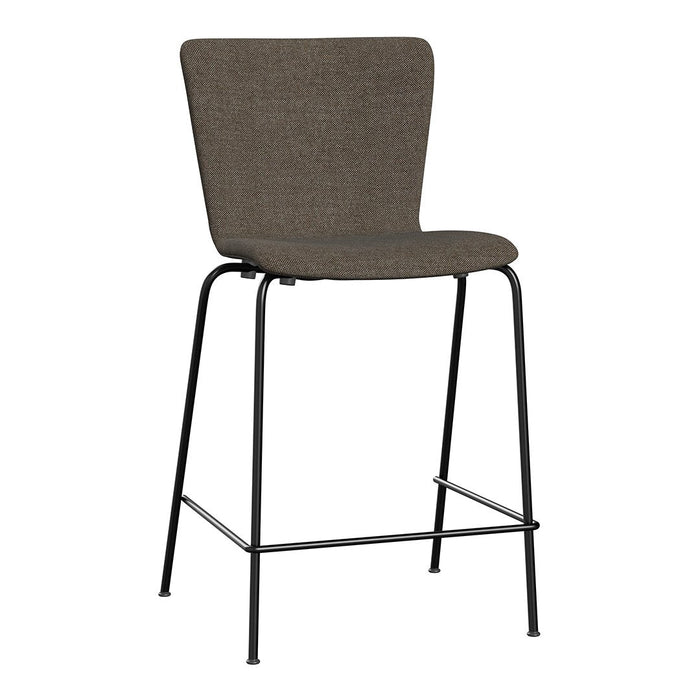 Brown fabric bar stool with a sleek black metal frame, featuring a minimalist design and no visible patterns.