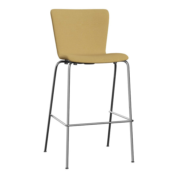 Yellow upholstered bar stool with a sleek chrome frame, perfect for modern dining spaces.