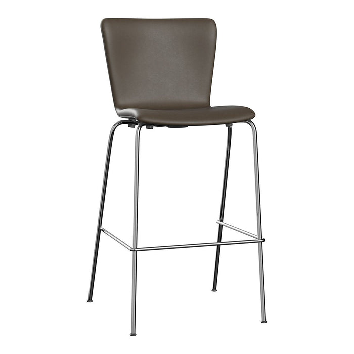 Brown leather barstool with sleek chrome legs and minimalist design, perfect for modern interiors.