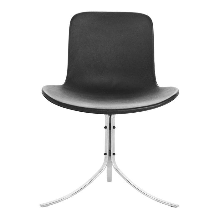 Sleek black chair with a smooth finish and a minimalist silver metal base, perfect for modern interiors.