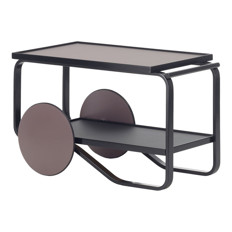 Modern black metal cart with a minimalist design, featuring soft brown circular wheels and a sleek tabletop.