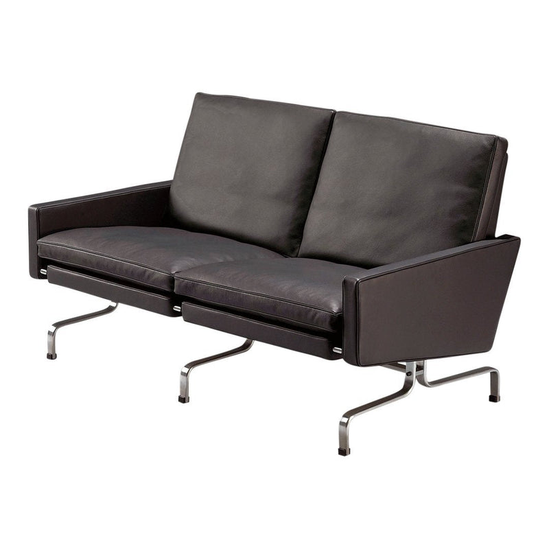 Modern black leather loveseat with smooth texture and chrome legs, perfect for contemporary living spaces.