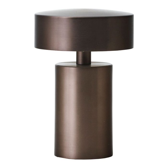 Bronze-finish table lamp with a sleek, modern cylindrical base and a rounded top, showcasing minimalist design.