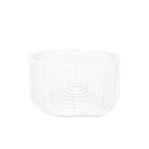 White wire basket with a modern geometric design and open pattern, perfect for stylish storage.