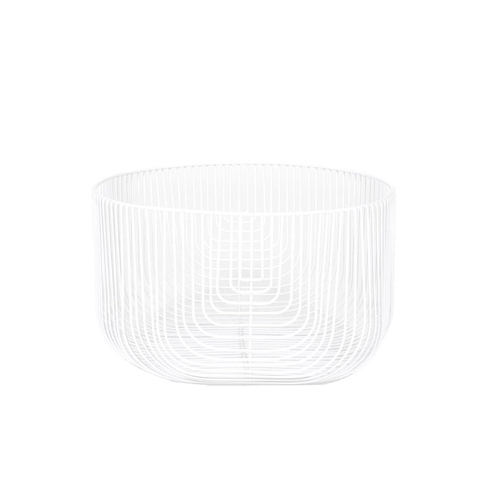 White wire basket with a modern geometric design and open pattern, perfect for stylish storage.
