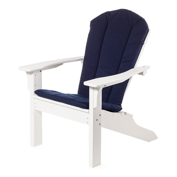 Navy blue cushioned seat with a white wooden frame in a classic Adirondack style.