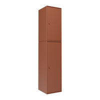 Tall, two-door cabinet in warm rust color with a smooth, matte finish. Modern, minimalistic design.